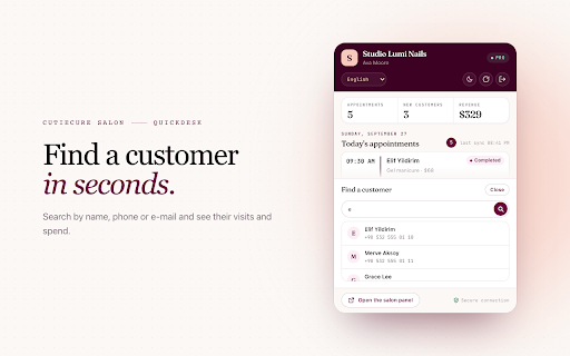 CutieCure Salon QuickDesk :: Nail salon appointments at a glance for CutieCure Salon: today's bookings, daily metrics, customer lookup and quick status updates.