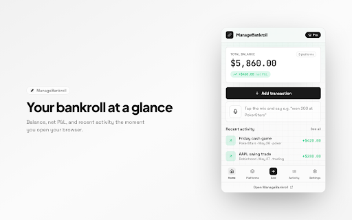 ManageBankroll — Quick Add :: Log profit, loss and bankroll activity by hand or voice. A fast P&L tracker for poker, sports, trading and crypto.