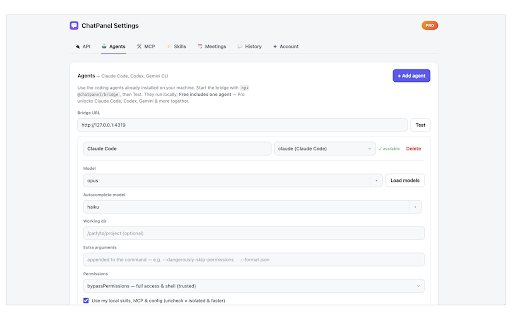 ChatPanel — Privacy-First AI Agent :: Works with Claude Code, Codex or any AI agents & local/remote models — a privacy-first side panel for meetings, chats & notes.