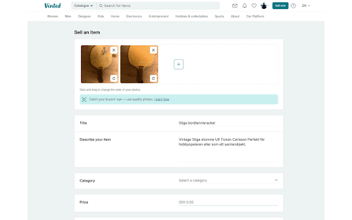Sell my purchases :: Crosslist your purchases from Tradera to other platforms like Facebook Marketplace, Vinted, and Blocket.