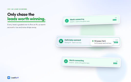 Lead Surf – Find & Engage Leads on LinkedIn :: Monitor LinkedIn for buyer signals. AI finds relevant leads and drafts your replies & connection notes. You send. No spam, no risk.