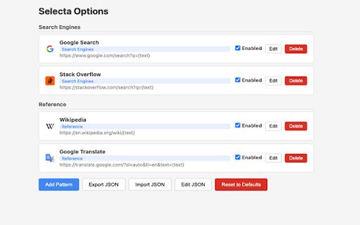 Selecta :: Select text, right-click, and open configurable URLs with the selected text.