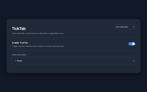TickTab - Auto Close :: Automatically closes inactive tabs to save memory and keep your browser clean. Survives browser restarts.