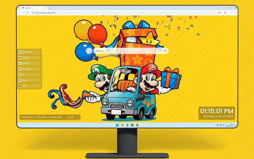 Mario & Luigi Live Wallpaper :: Mario & Luigi delivering gifts with colorful balloons on bright yellow festive background.