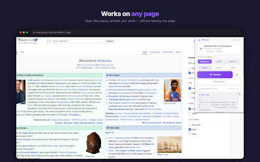 Decant — Send any page to Claude, ChatGPT & Gemini :: Extract any web page & send to Claude, ChatGPT or Gemini in one click. Clean Markdown, JSON, MCP bridge for AI agents & developers.