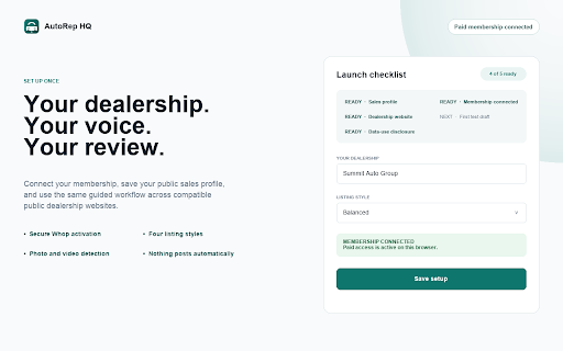 AutoRep HQ – Listing Assistant :: Turn public dealership vehicle pages into personalized, review-ready Marketplace listings.