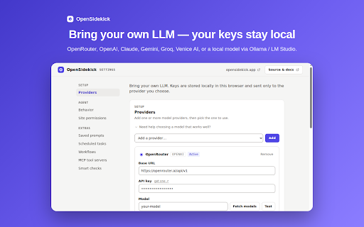 OpenSidekick — Bring-Your-Own-LLM Browser Agent :: Open-source AI assistant that reads and acts on web pages using any model you choose. Your keys stay in your browser.