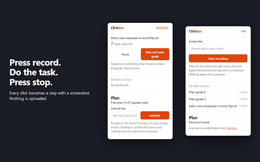 Clickdoc - step-by-step guides, on-device :: Record your clicks and get a step-by-step guide with screenshots. Your guides never leave your computer.