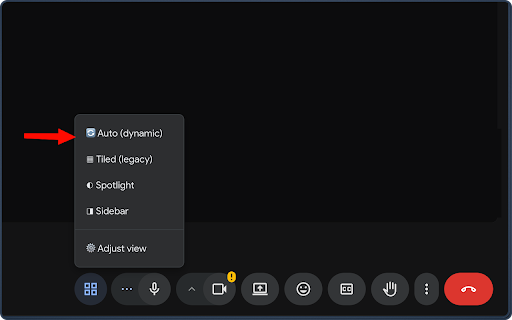 Google Meet Layout Switcher :: Quickly switch between Google Meet layouts (Auto, Tiled, Spotlight, Sidebar) with a single click from the call controls bar.