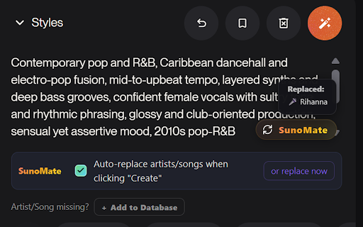 SunoMate :: Converts any Artist/Song name into a detailed prompt inside Suno, and allows you to add your own presets for ultimate prompting