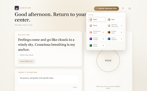 Sanctum — A Sacred New Tab :: A calm sacred new tab: daily reflections, guided breathing, journaling, intentions & a mantra counter. Private & local-only.