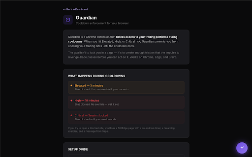 StillEdge Guardian :: Blocks access to trading platforms during StillEdge cooldowns. Prevents revenge trading by creating friction when you need it most.