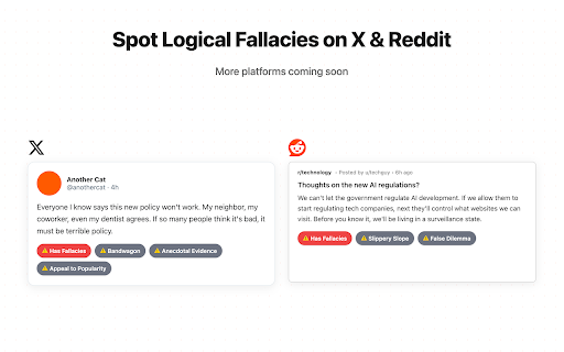 Logicat: AI-powered logical fallacy detector :: Understand posts faster. Spot fallacies, hidden intentions, and get quick summaries on X and Reddit.