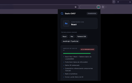 Qual o CMS? :: Descubra o CMS, framework, linguagem e se o site foi feito com IA (Lovable, v0, Bolt). Análise instantânea em 1 clique.