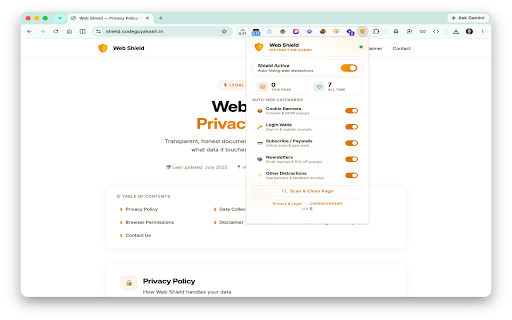 Web Shield :: Automatically hides cookie banners, login walls, paywalls, newsletters, ads, and annoying web distractions so you can browse clean.