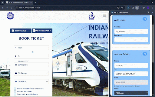 IRCTC TatkalMate :: Speed up Tatkal booking with smart autofill, one-click submission, and built-in ad blocker for a faster IRCTC experience.