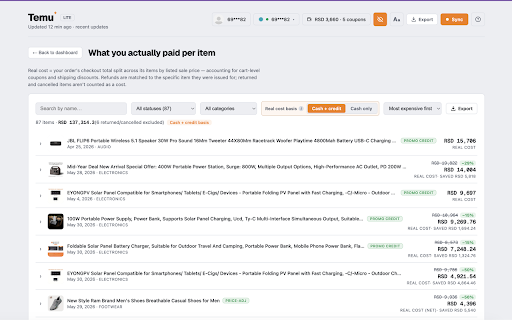 Temu+ Lite · Real Cost & Refund Tracker :: A clearer view of your Temu activity — spending, refunds, and savings.