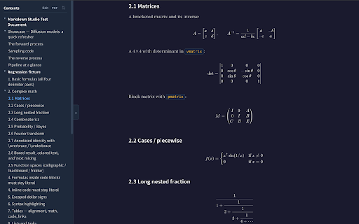 Markdown Studio :: Read, edit, comment on, and export Markdown (.md) to PDF or Word with editable equations. Math, code, tables, Mermaid, themes.