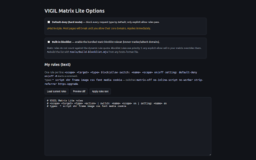 VIGIL Matrix Lite :: Experimental request policy matrix: per-site control of scripts, frames, cookies and headers. declarativeNetRequest, local-only.
