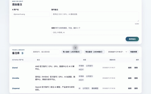 X/Twitter 插件 - 备注助手 :: 给 X/Twitter 账号加备注,随 Google 账号自动同步。