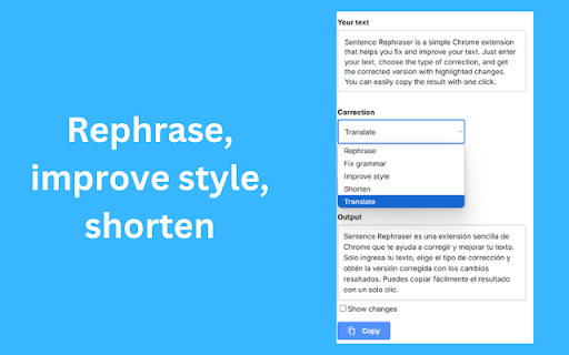 SentenceFix - Sentence Rephraser, Grammar Corrector and Translator :: Rephrase sentences, correct grammar, improve style, shorten sentences or paragraphs or translate into more than 50 languages.