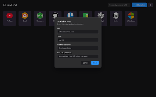 QuickGrid :: Replace the New Tab page with a quick-access grid of shortcuts.