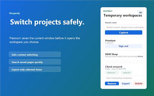 Reopenly :: Save browser workspaces and return exactly where you left off, with local restore points and a tab inbox.
