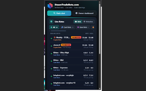 SteamTradeBots: Verified Bot & Rate Checker :: Compare live bot rates, see verified SteamTradeBots status, and get scam warnings directly on Steam profiles.