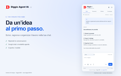 Diggio Agent IA :: Chat AI e agente browser con il tuo modello: procedure riutilizzabili, consumi e comandi autonomi o da approvare.