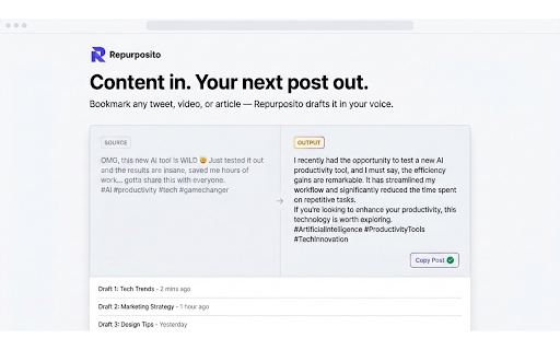 AI Social Media Generator - Repurposito :: AI social media post generator that repurposes any page or video into ready posts using proven creator templates.