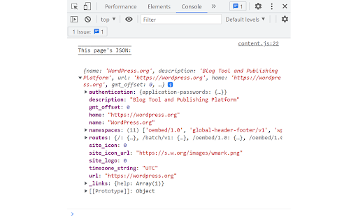 JSON to Console :: If a visited page is valid JSON, it will be logged to the console.