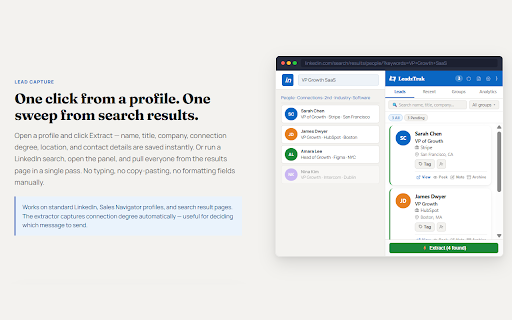 LeadzTrak :: LeadzTrak for LinkedIn: capture, organize, and follow up on leads from a docked side panel.