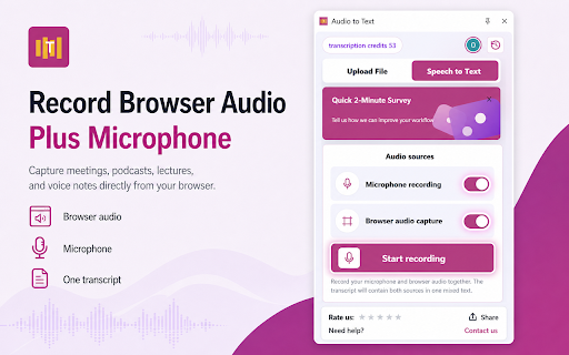 Transcribe Audio to Text Converter :: AI audio-to-text extension for transcribing files, browser tab audio, and microphone recordings.