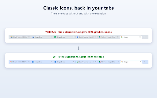 Old 2025 icons for Google™ Workspace :: Restores the pre-2026 icons (Gmail, Drive, Docs, Calendar and more) in browser tabs and the apps launcher.