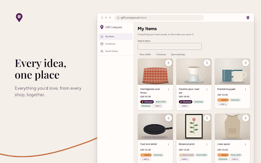 Gift Compass :: Save gifts from any shop to Gift Compass.