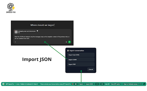 GPT Speed Fix :: Optimizes long ChatGPT chats: HUD, auto cleanup, export TXT/JSON/PDF, JSON import (v2), per-chat notes, i18n.