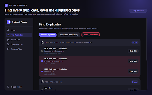 Bookmark Cleaner :: Find duplicates, broken links, organize and search all your bookmarks — fast and clean.