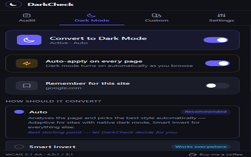 DarkCheck :: Convert any site to dark mode instantly. Audit text contrast against WCAG AA/AAA with one-click colour fix suggestions.
