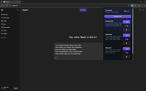 ContextShift :: Save context profiles and inject them into AI chat boxes.