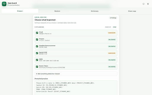 Ruja Guard :: Protect sensitive text and create reviewed plain-text copies locally before sharing with AI.