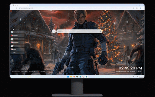 Resident Evil Christmas Live Wallpaper :: Leon Kennedy in tactical gear fighting zombies in snowy Christmas village setting.