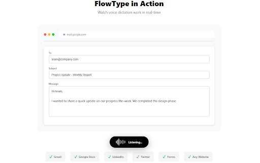 FlowType: Speech to Text :: Speech to text for Chrome. Dictate anywhere - Gmail, Docs, forms. Free voice typing extension with 40+ languages supported