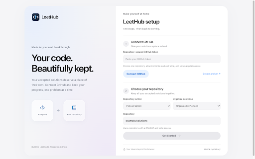 LeetHub: LeetCode to GitHub Sync :: Automatically save accepted LeetCode solutions and problem descriptions to GitHub. Organize your coding practice in your own repo.