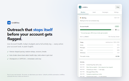 LinkMitra — LinkedIn Outreach & Lead Gen :: Paced LinkedIn outreach with a live account-safety meter. Harvest leads, run connect sequences, stop before you get flagged.