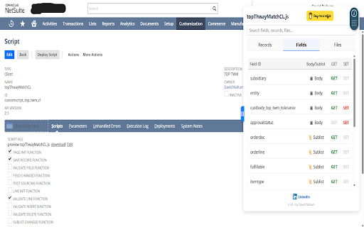 NetSuite Script Analyzer :: Analyze NetSuite scripts directly from the script record page. View modules, fields, records, and external files instantly.