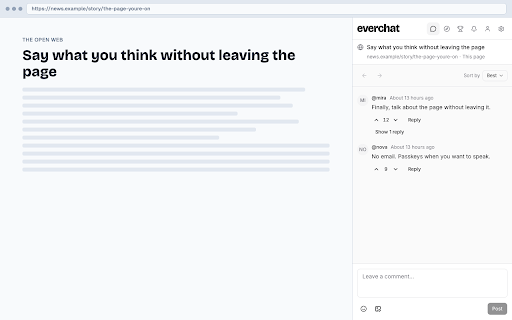 Everchat :: Public comments on any URL. Sign up anonymously with a passkey. No email.