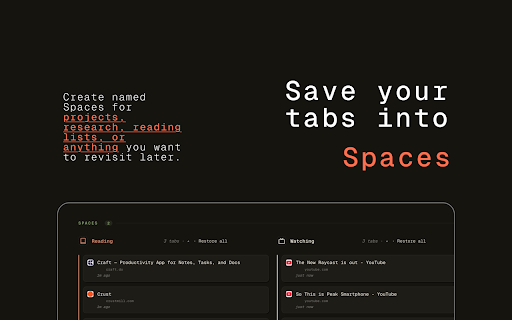 Tabfolio :: Finally, a tab manager that works and looks great. Every tab one keystroke away. Hibernate the rest into named Spaces.