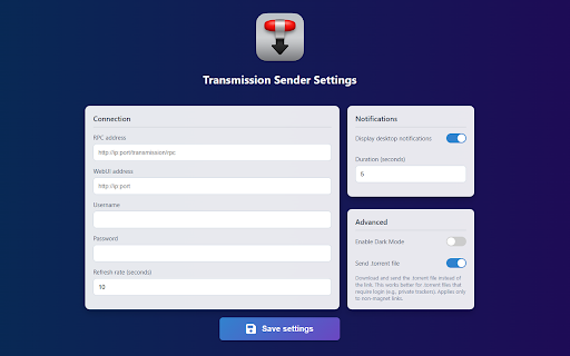 Transmission Torrent Sender :: Send and manage torrents in Chrome on the Transmission server.