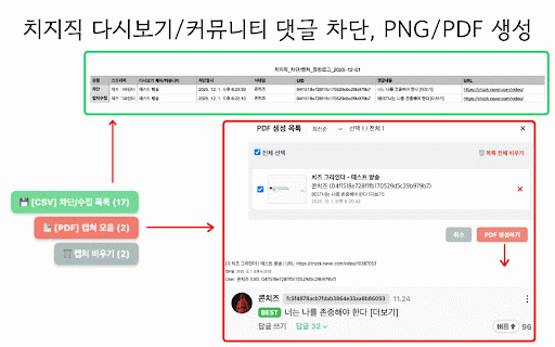 치즈 그라인더 - 치지직 악성 댓글 차단 도우미 :: 악성 댓글은 갈아버리세요! UID 확인부터 증거 수집(PDF)까지, 치지직을 더 깨끗하게 즐기는 방법