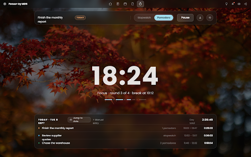 Focus+ by MDS :: Opens Focus+ in every new tab, and keeps your focus timer running after you close it.